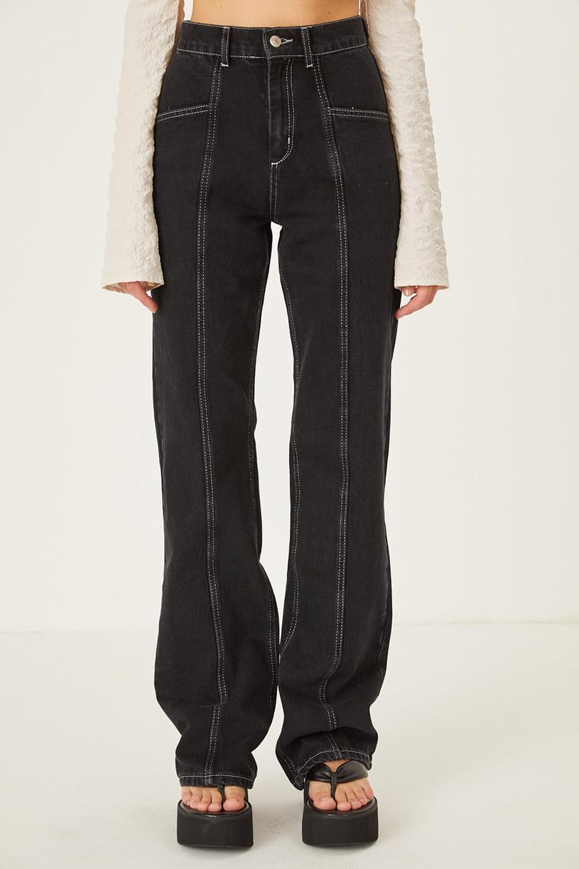 Füme Yüksek Bel Dikiş Detaylı Kontrast Jean