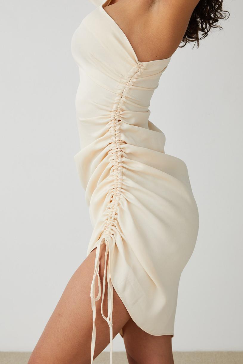 Cream Single Sleeve Satin Dress With Shirring