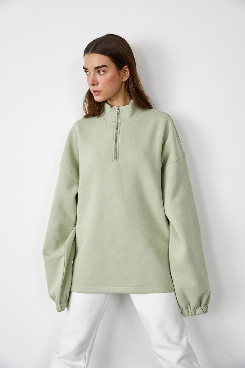 Soft Yeşil Dik Yakalı Oversize Sweatshirt
