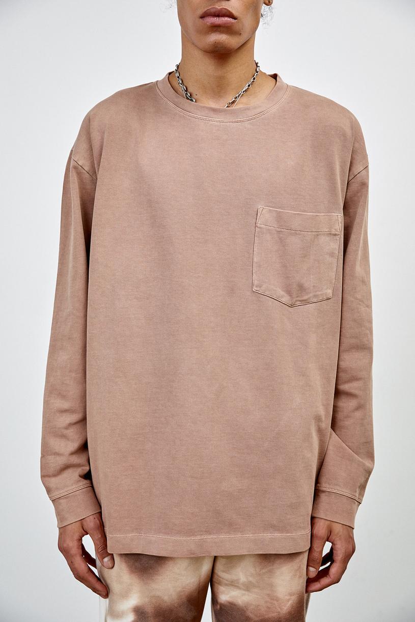 Brown Faded-effect Long Sleeve One Pocket T-shirt