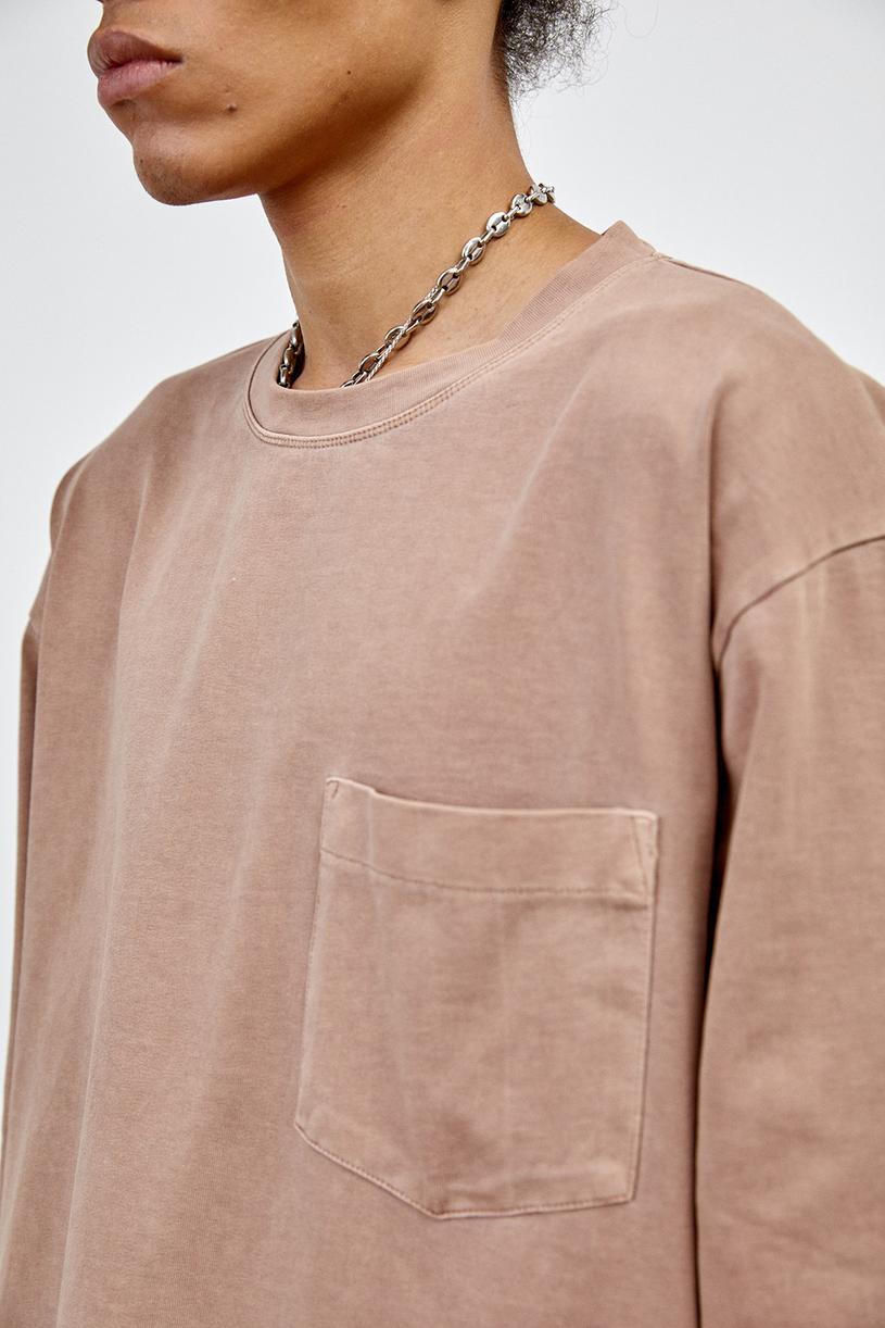 Brown Faded-effect Long Sleeve One Pocket T-shirt