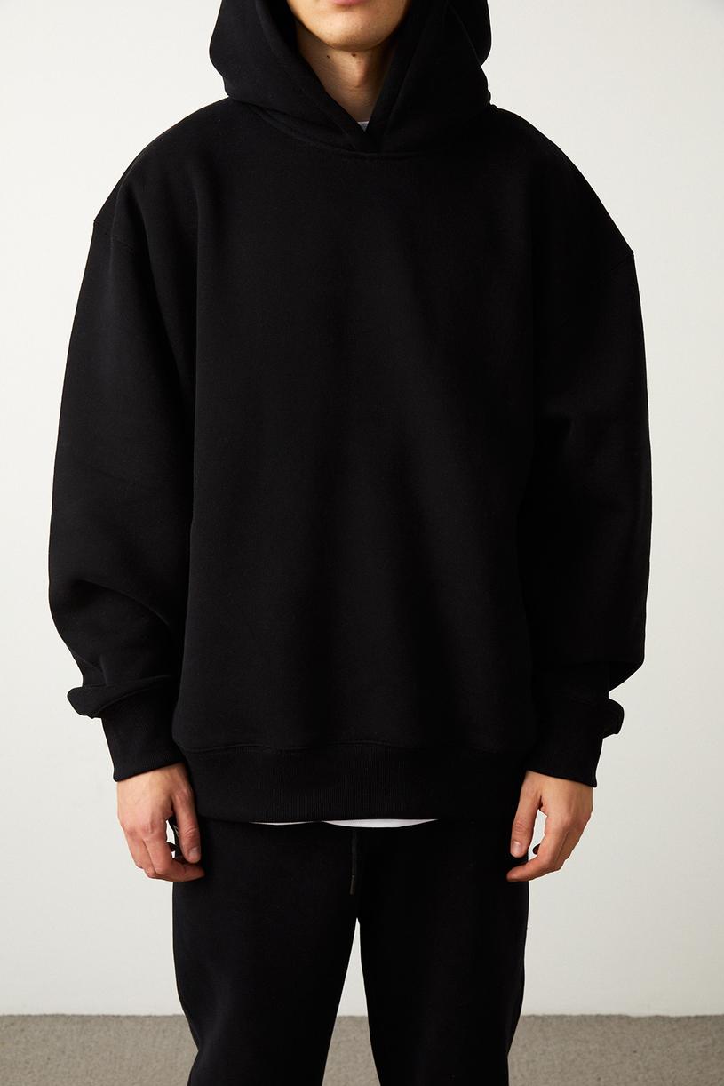 Siyah Basic Kapüşonlu Sweatshirt