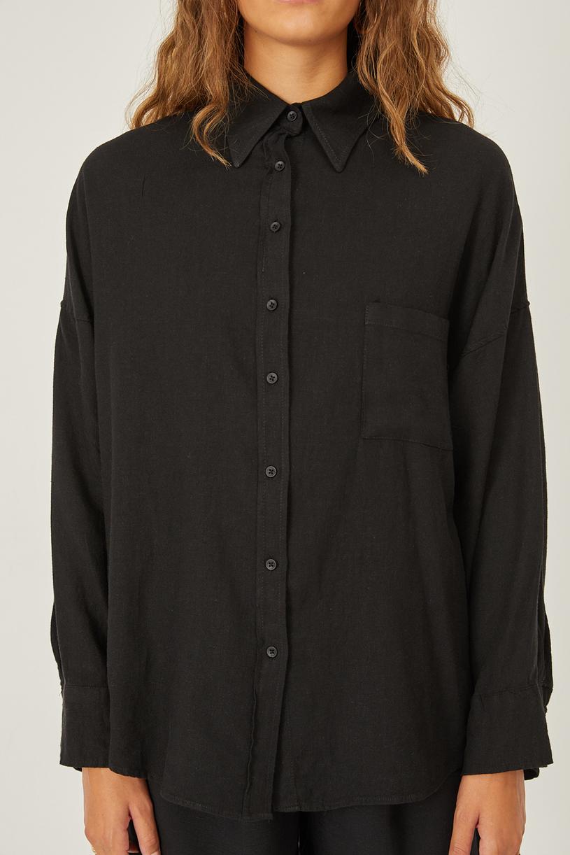 Siyah Keten Karışımlı Oversize Gömlek