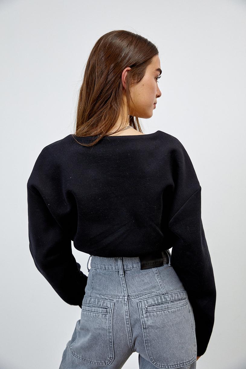 Black V Neck Elastıc Crop Sweatshirt
