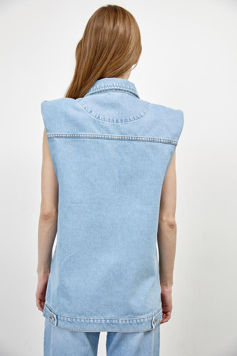 Blue Oversize Denim Vest With Padding