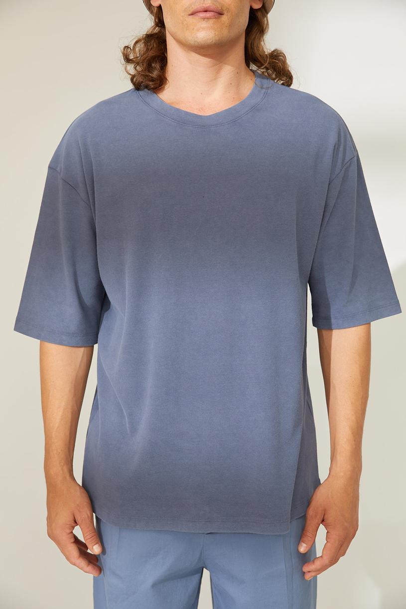 Lacivert Soluk Efektli Oversize T-shirt