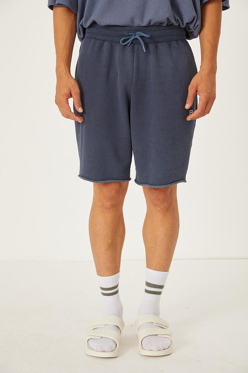 Navy Blue Faded-washed Cut-out Jogging Short