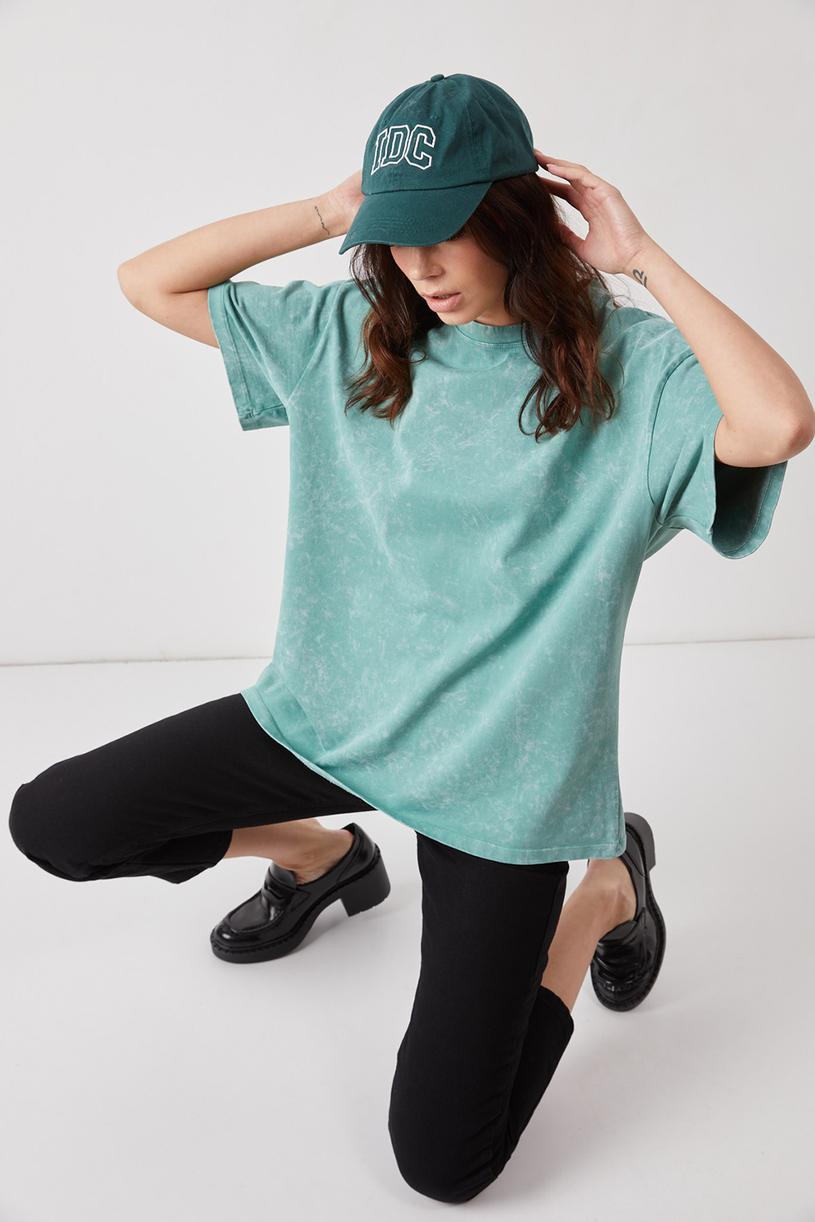 Soluk Yeşil Batik Efektli Kompakt Tshirt