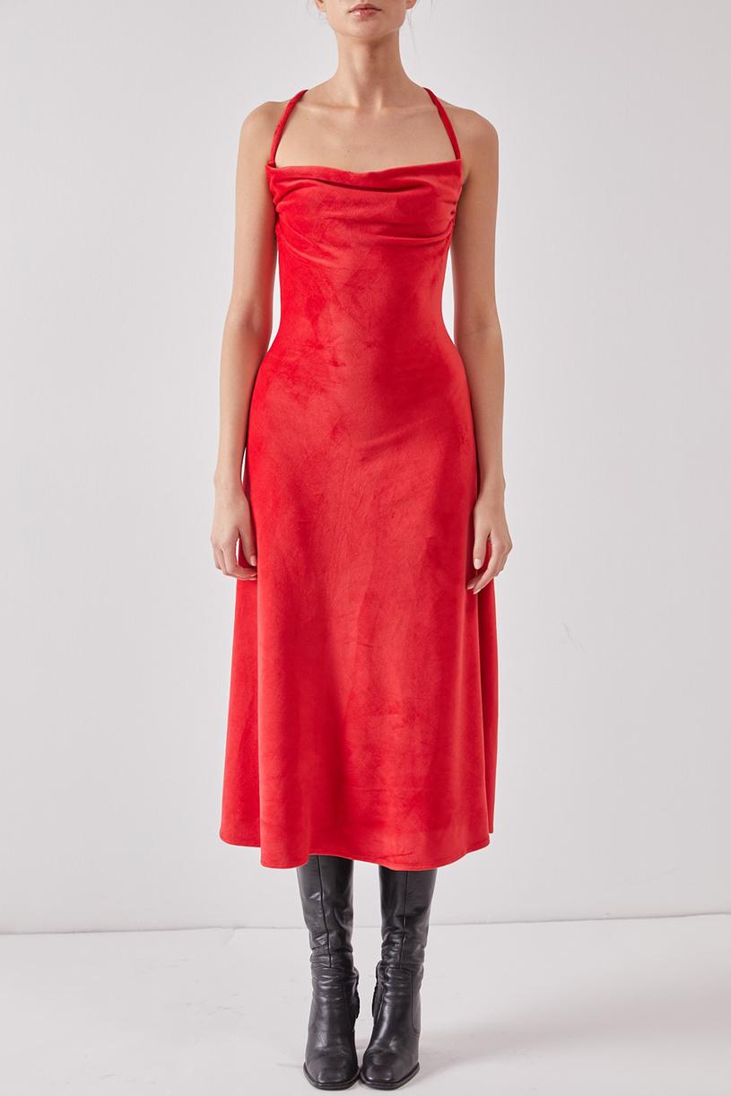 Kırmızı Degaje Kadife Elbise