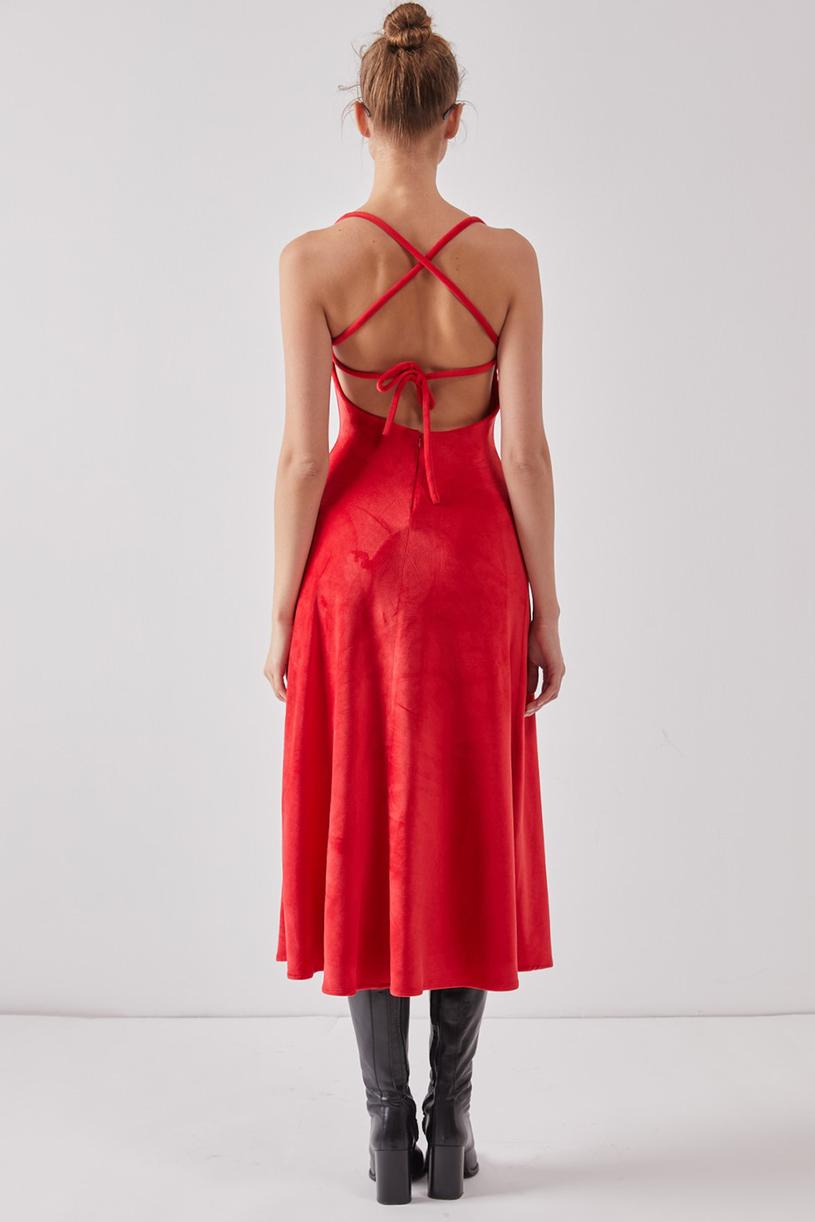 Kırmızı Degaje Kadife Elbise