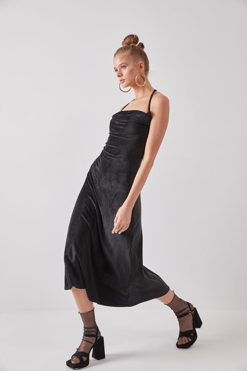 Black Cowl Neck Velvet Dress