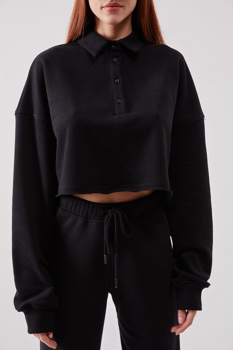 Siyah Yakalı Crop Sweatshirt
