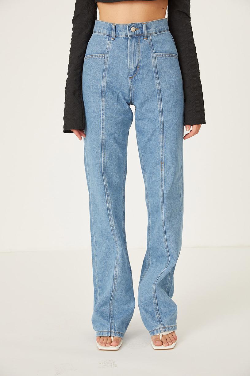 Mavi Yüksek Bel Dikiş Detaylı Kontrast Jean