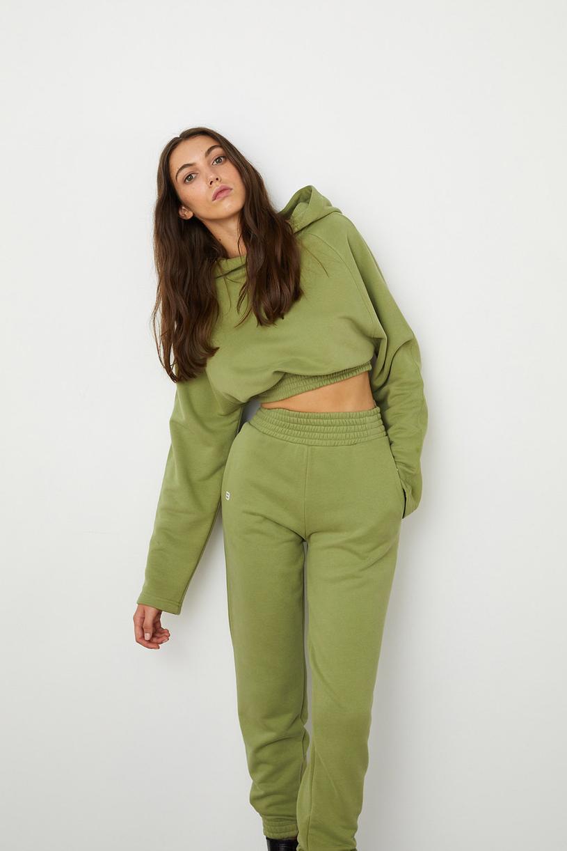 Yosun Yeşili Kalın Lastikli Crop Sweatshirt