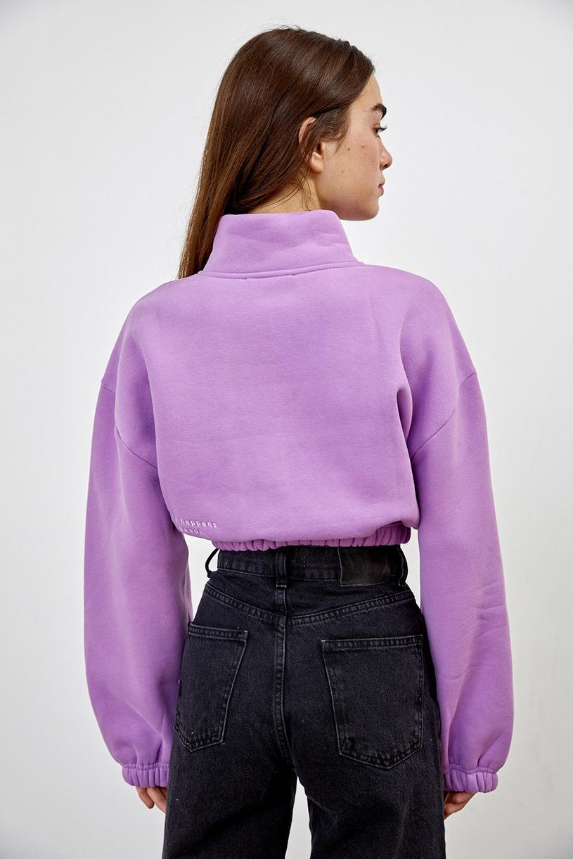 Dark Lilac Vertıcal Collar Rubber Crop Sweatshirt