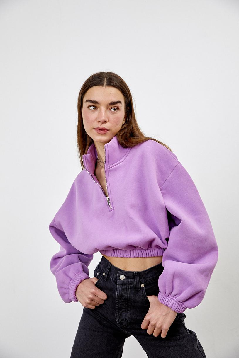 Dark Lilac Vertıcal Collar Rubber Crop Sweatshirt