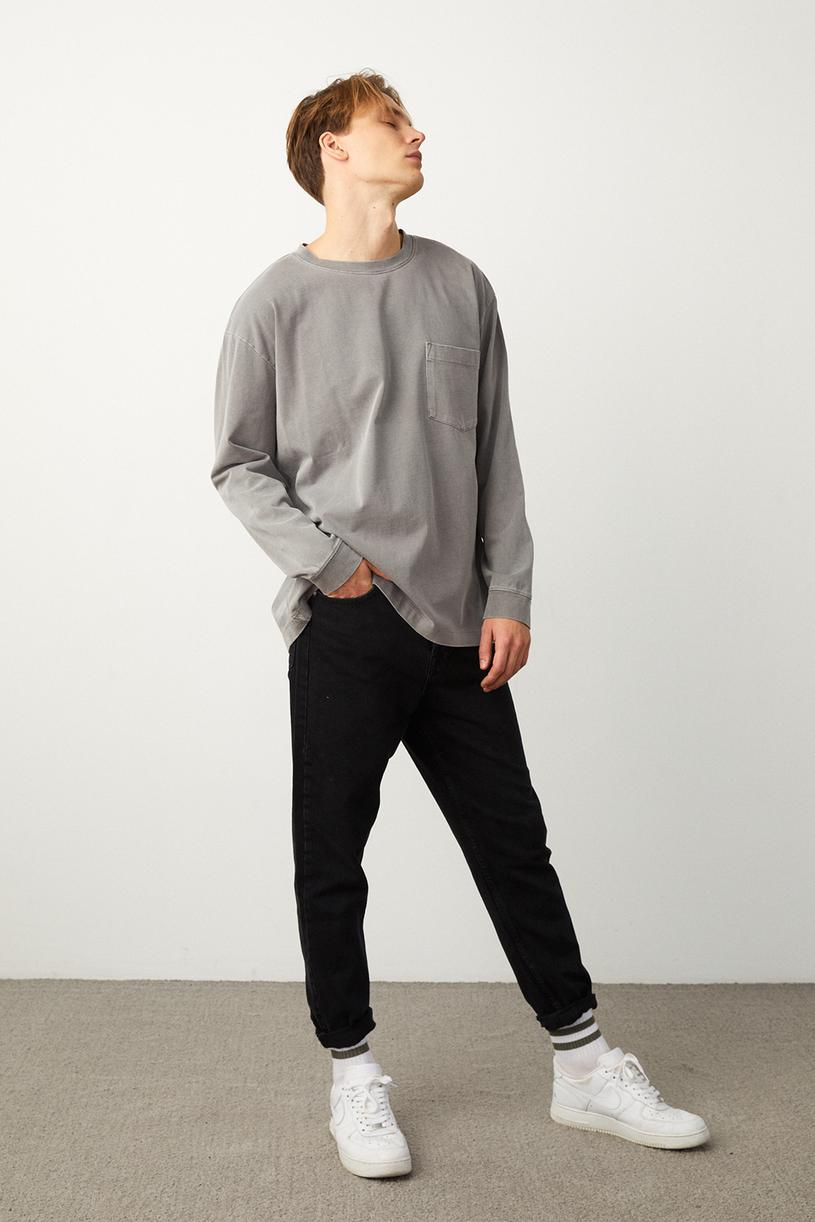 Smoked Faded-effect Long Sleeve One Pocket T-shirt