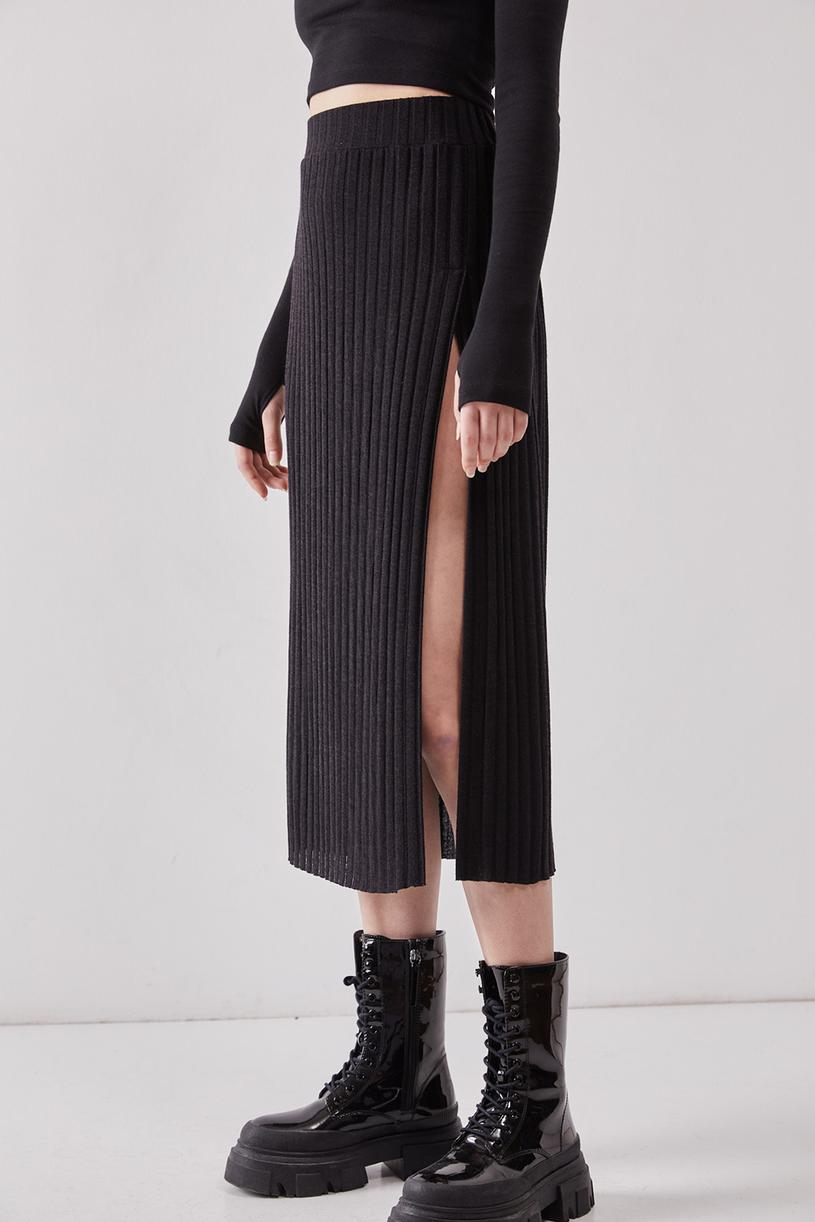 Black Knit Slit Skirt