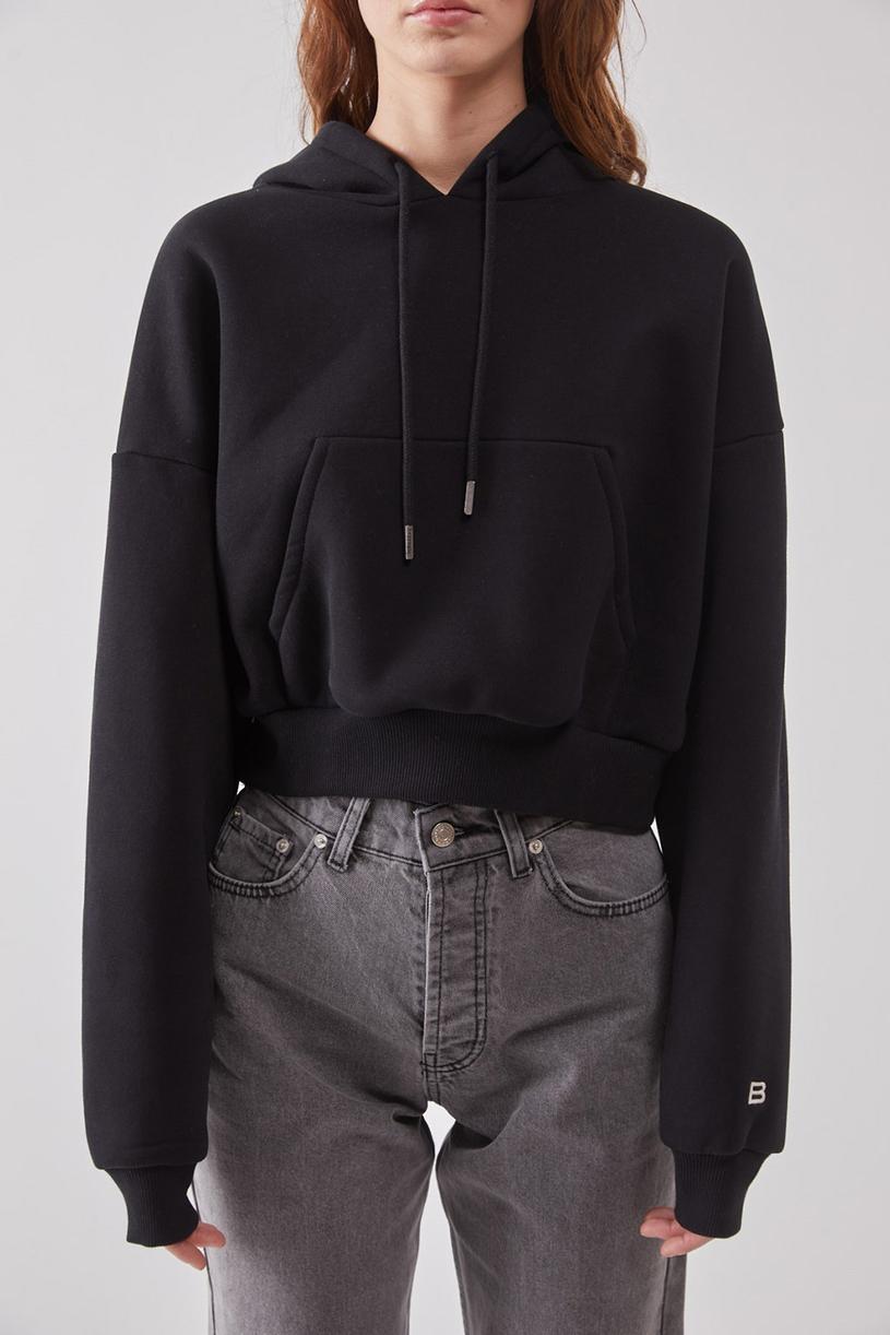 Siyah Kapşonlu Basic Sweatshirt