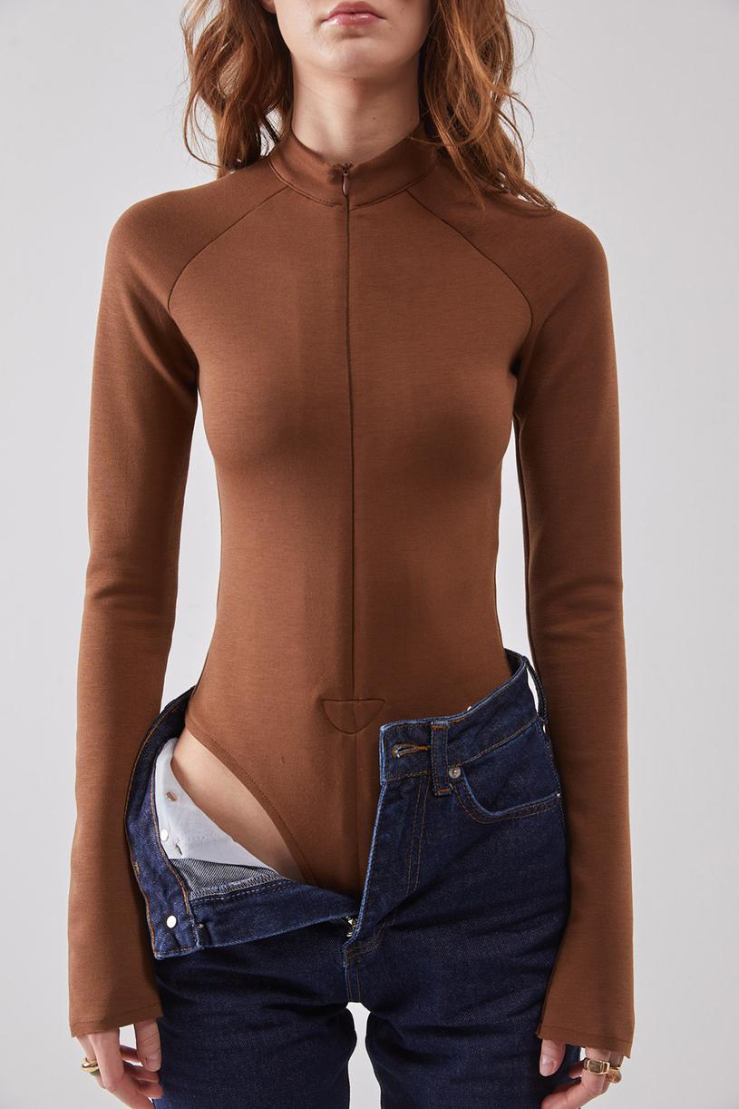 Brown Bodysuit With Zipper
