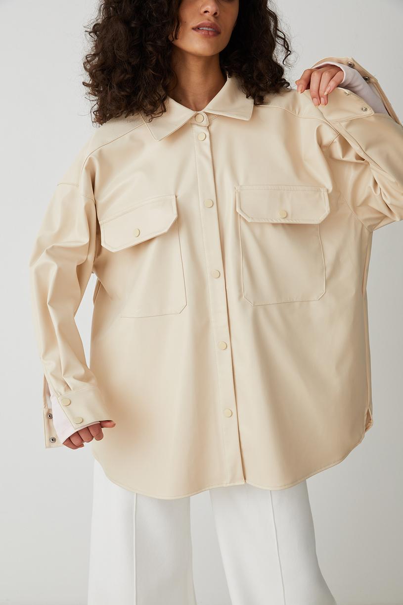 Cream Oversize Leather Shirt Jacket
