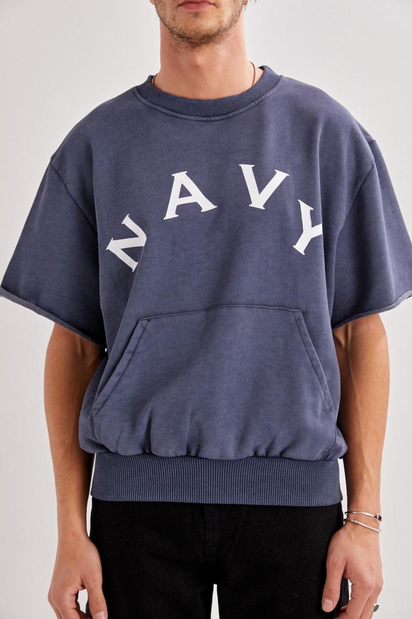 Navy Blue Short Sleeve Washed Sweatshirt