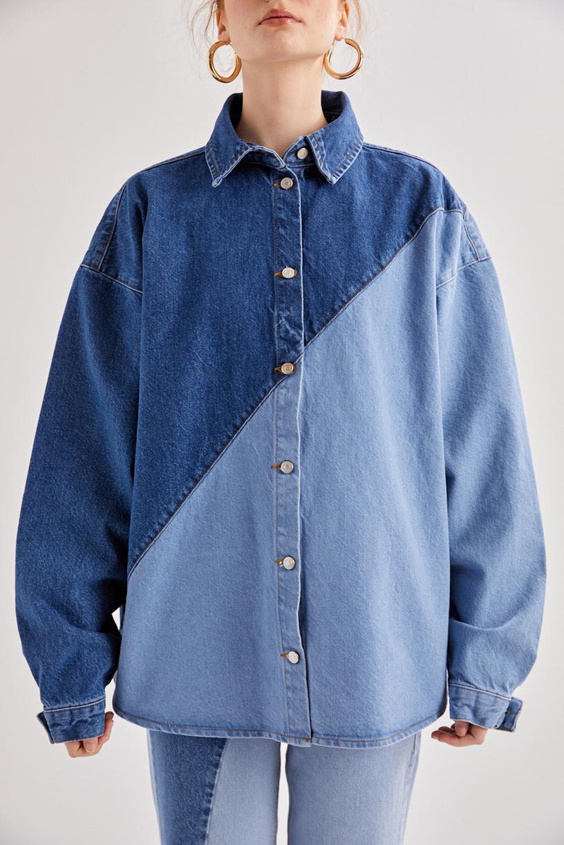 Blue Colourblock Oversize Shirt Jacket