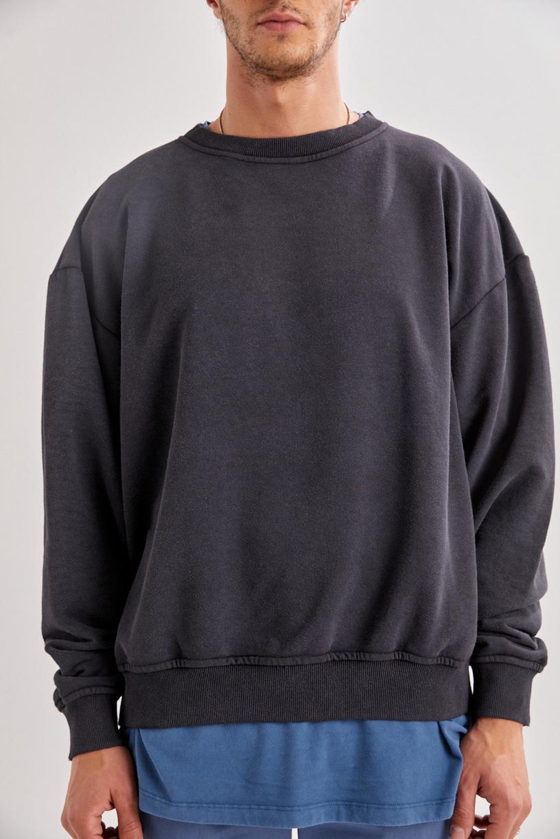 Black Washed Oversize Basic Sweatshirt