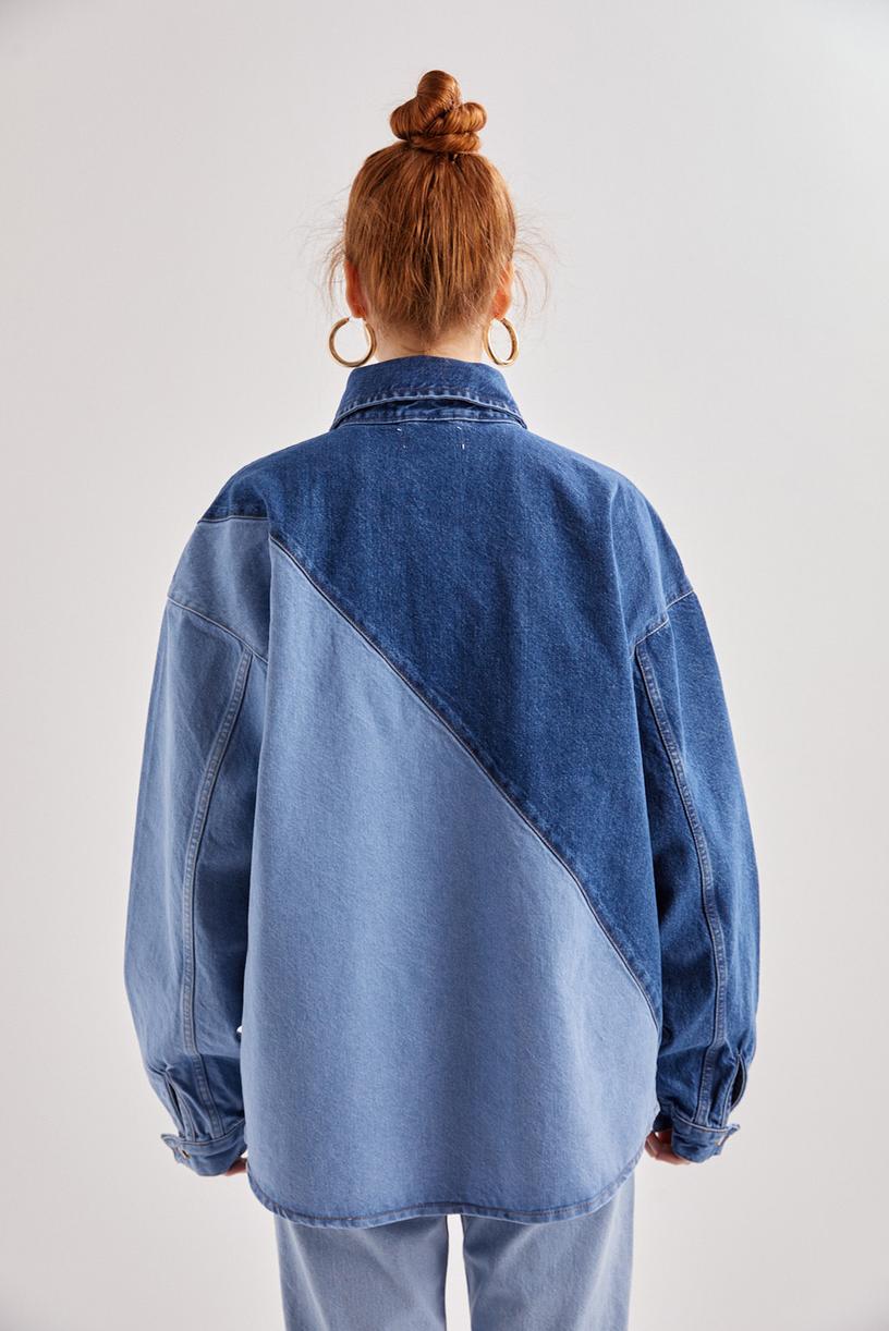 Blue Colourblock Oversize Shirt Jacket