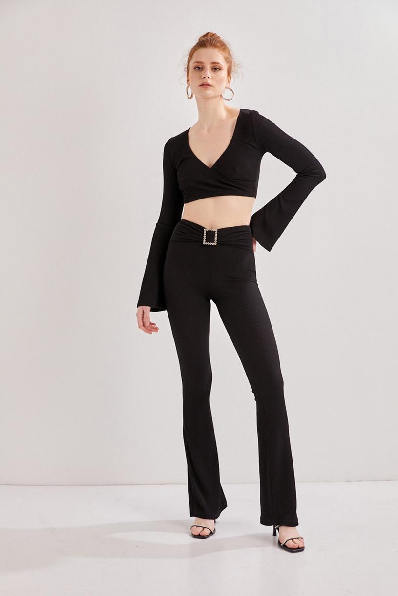 Black Flare Leggings With Buckle