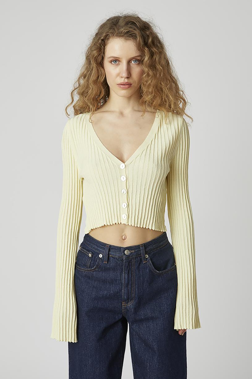 Yellow Mercerized Cardigan With Flare Sleeves