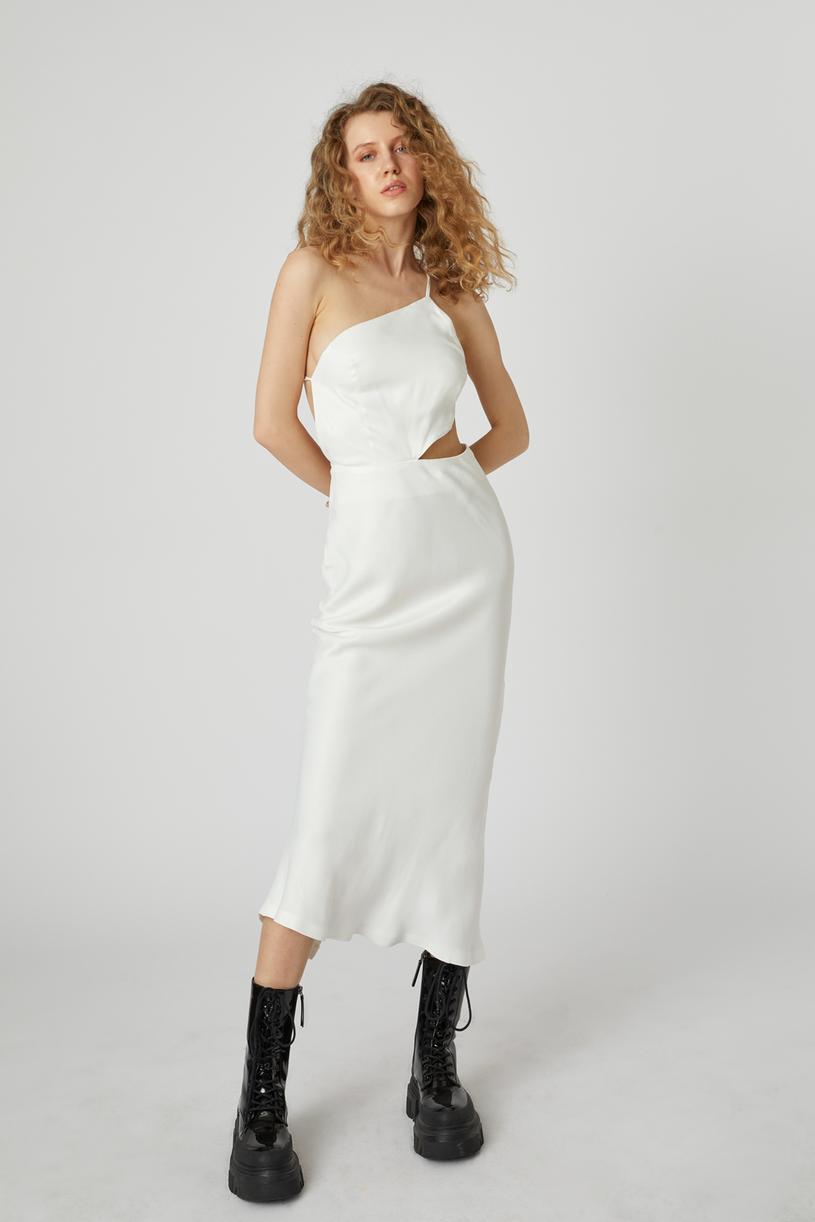 White Asymmetric Sateen Dress