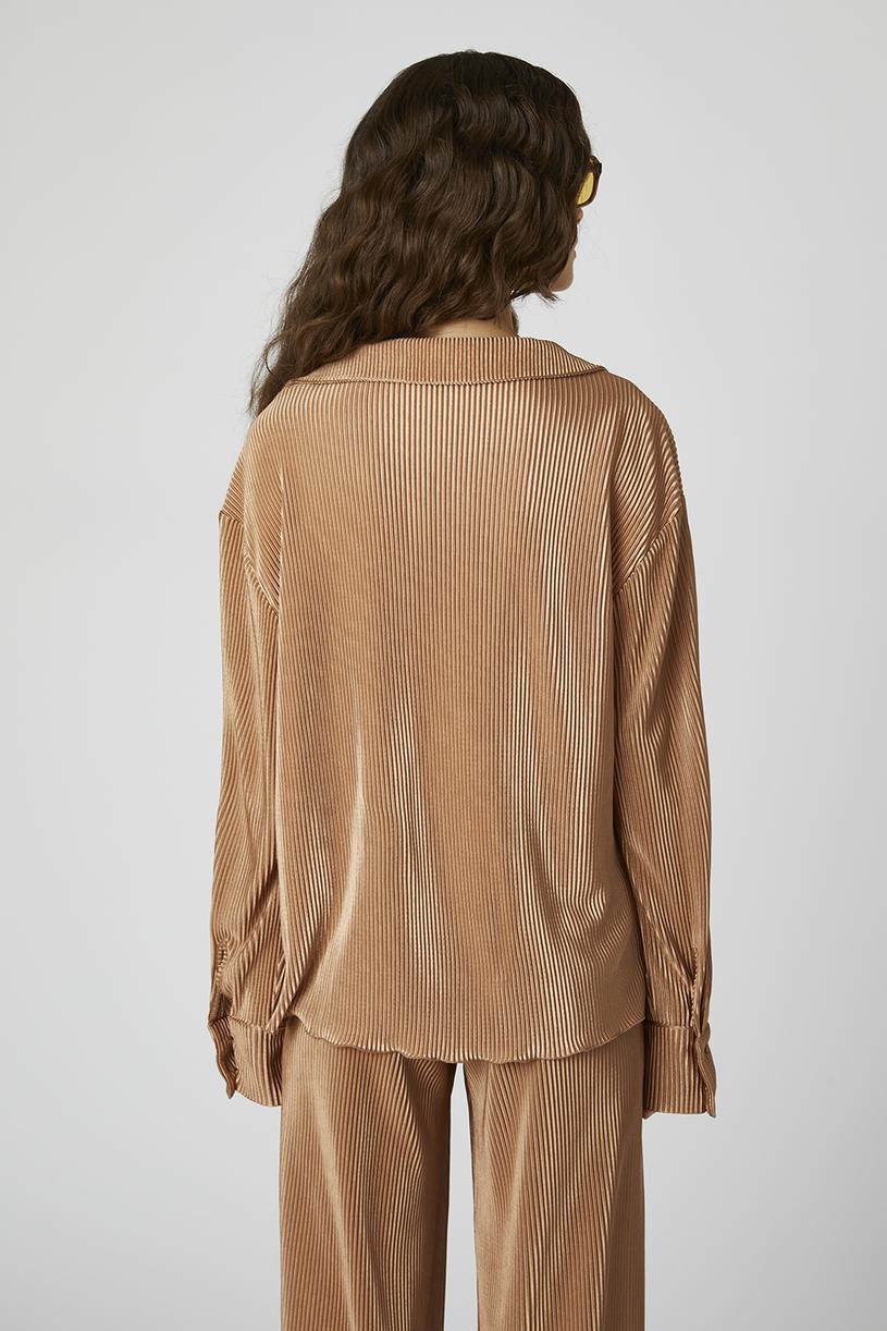 Brown Pleated Sateen Shirt