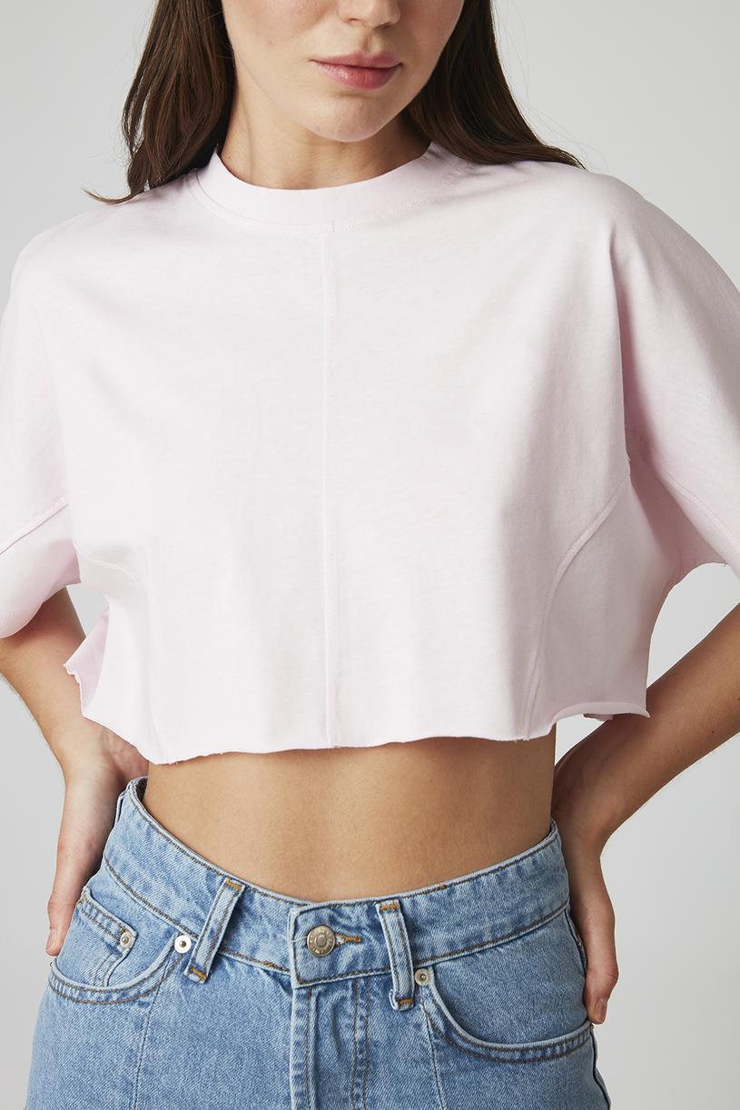 Soft Pink Seam Detailed Crop Tshirt