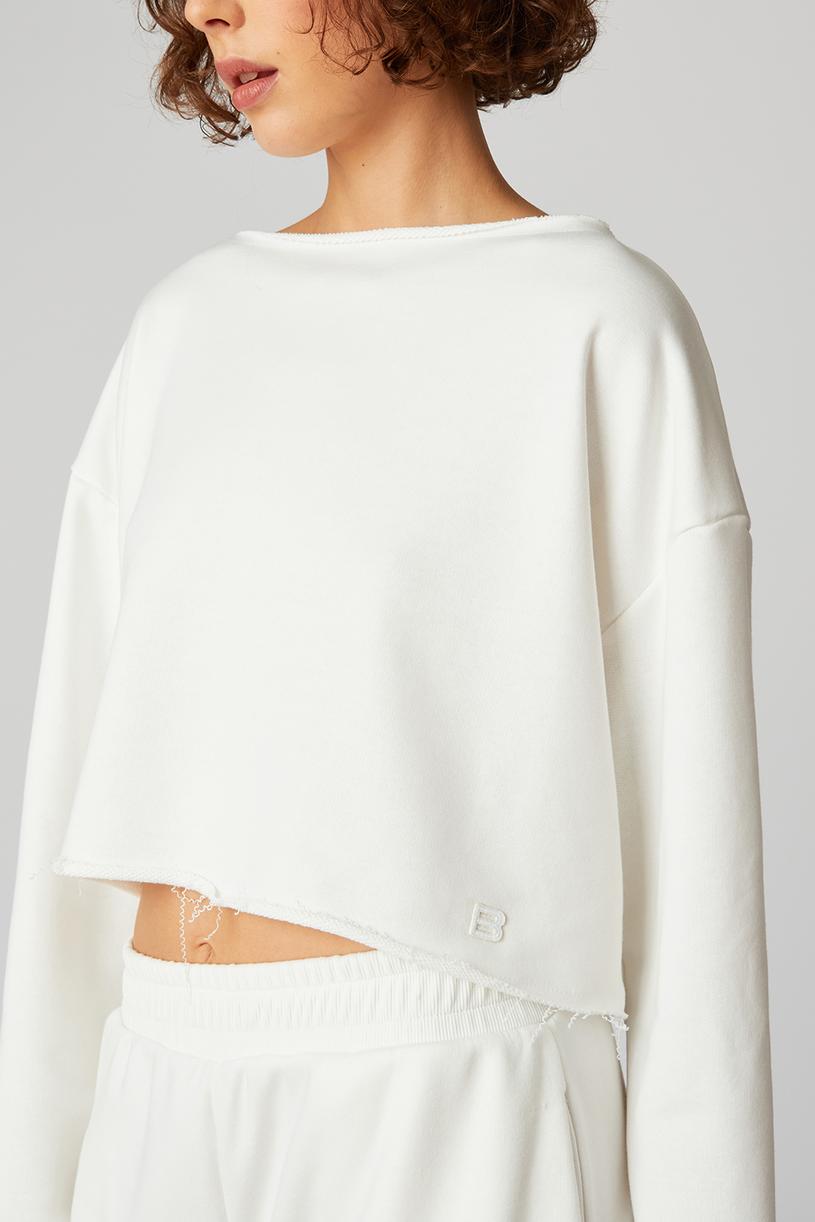Beyaz Kayık Yaka Crop Sweatshirt