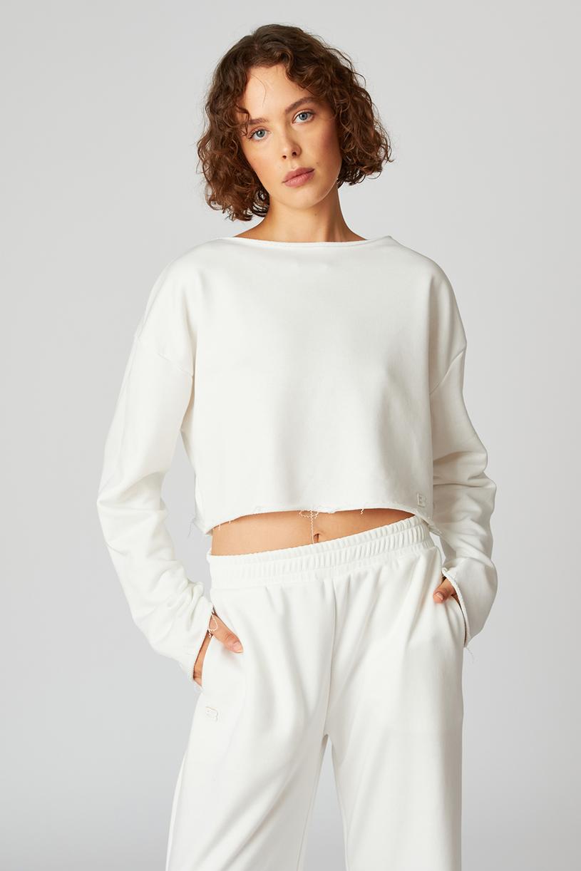 Beyaz Kayık Yaka Crop Sweatshirt