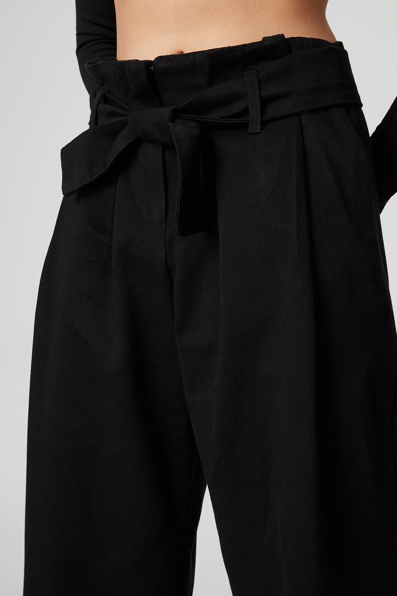 Black Waist Detailed Gabardine Pants