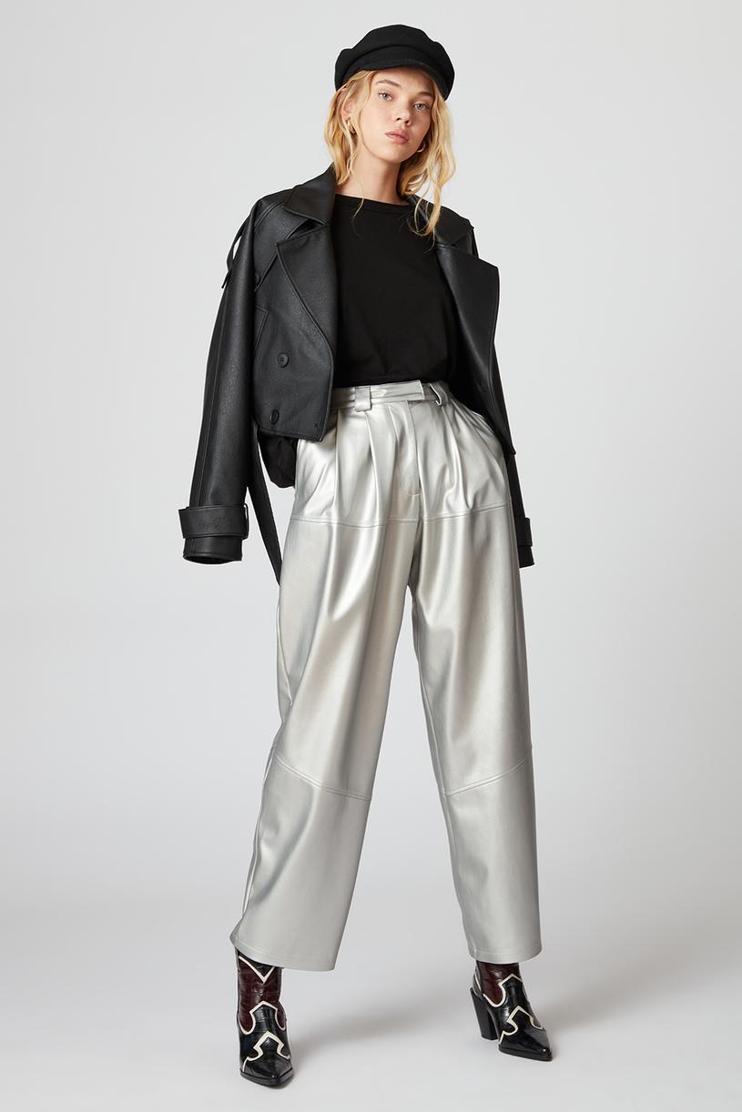 Silver Pleated Palazzo Leather Pants