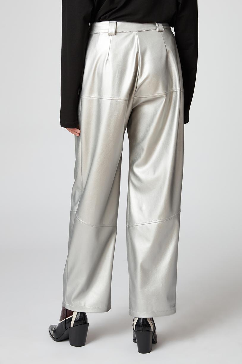 Silver Pleated Palazzo Leather Pants