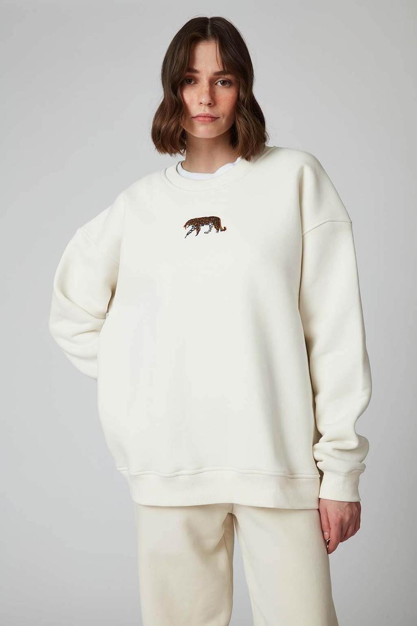 Beyaz Kaplan Nakışlı Sweatshirt