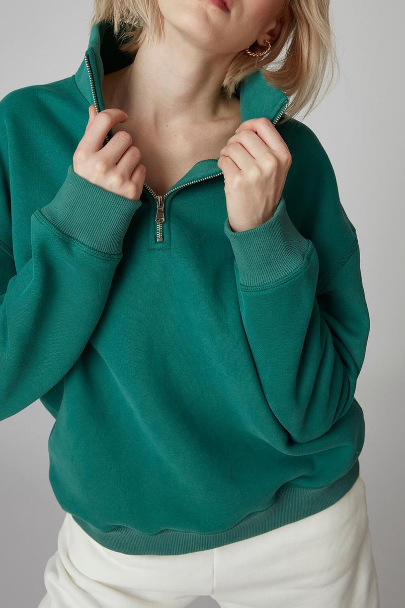 Ördek Yeşili High Neck Oversize Sweatshirt With Zip