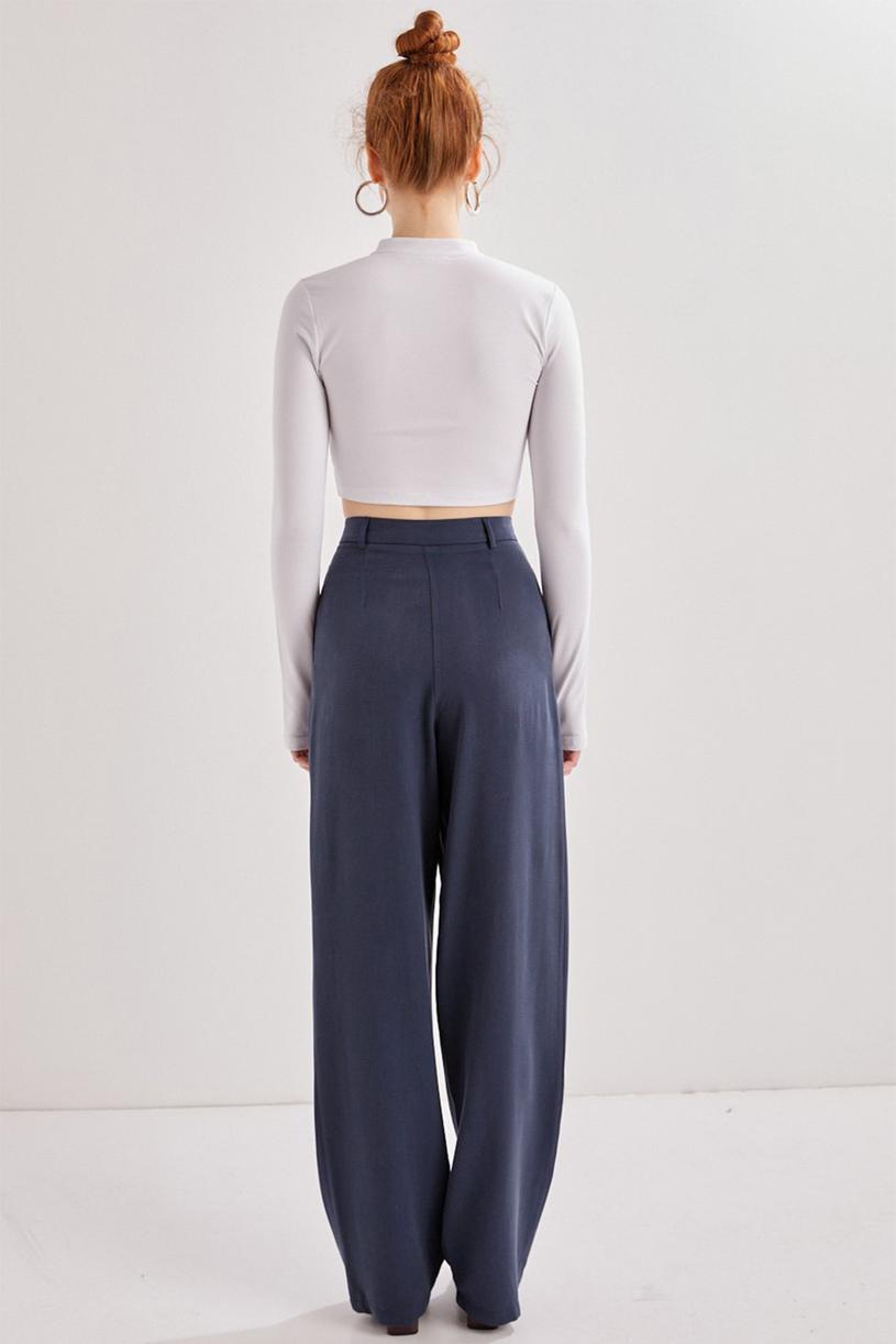 Navy Blue Two Pleated Tencel Palazzo Pants