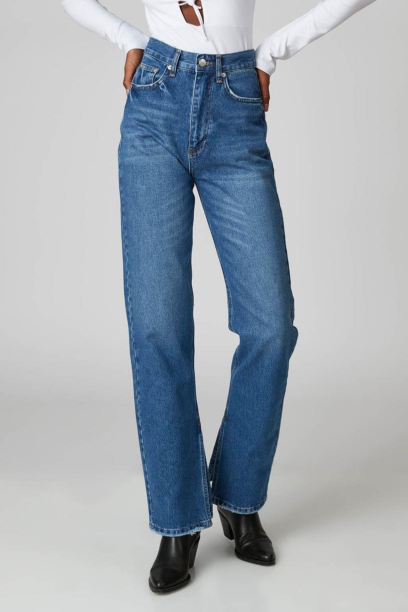 Mavi Yırtmaçlı Straight Jean