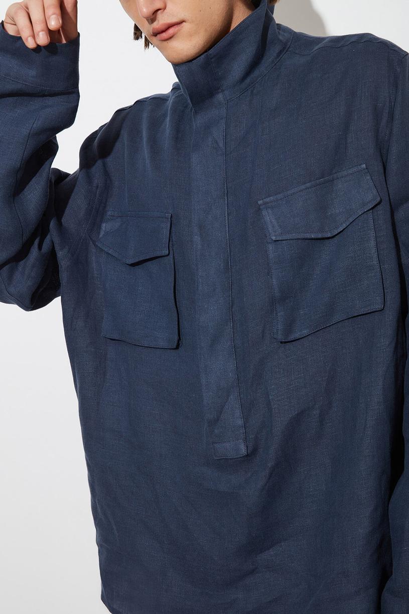 Navy Blue High Neck %100 Linen Shirt