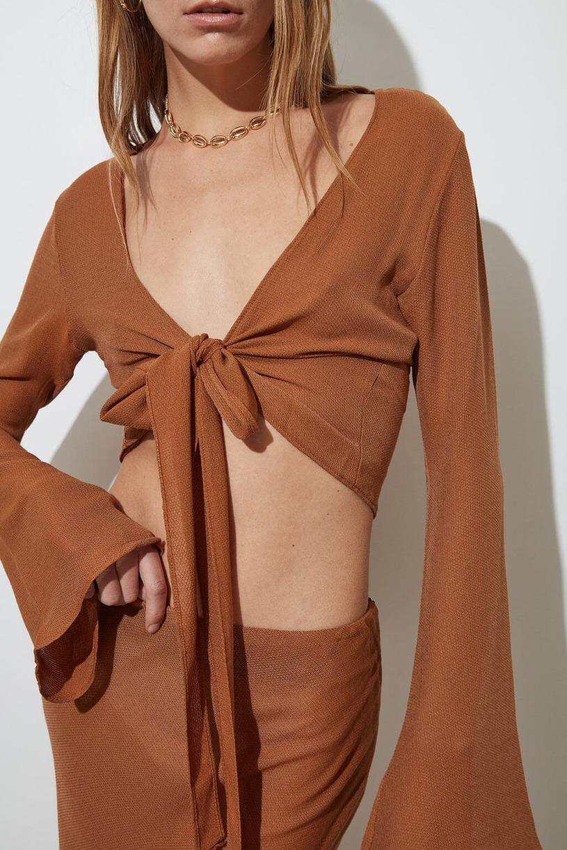 Brown Flared Sleeve Tie Up Blouse