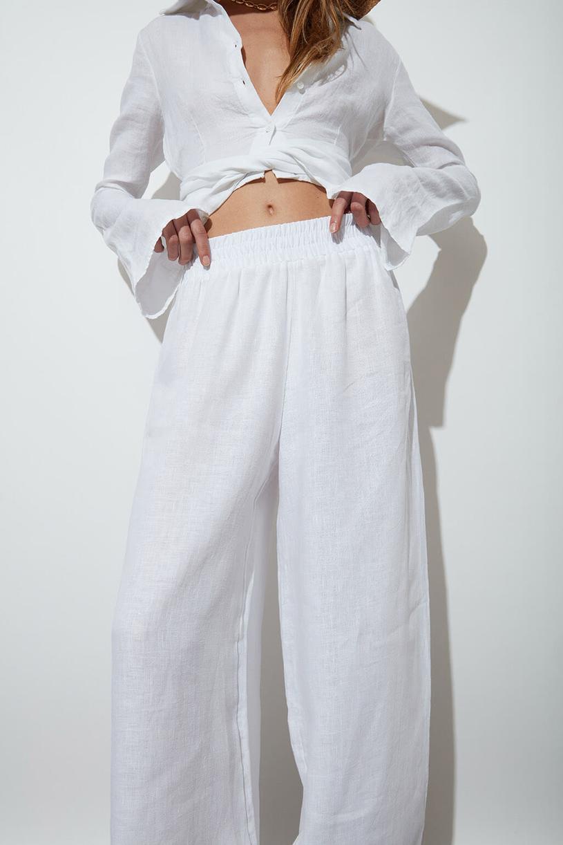 White Elastic %100 Linen Pants