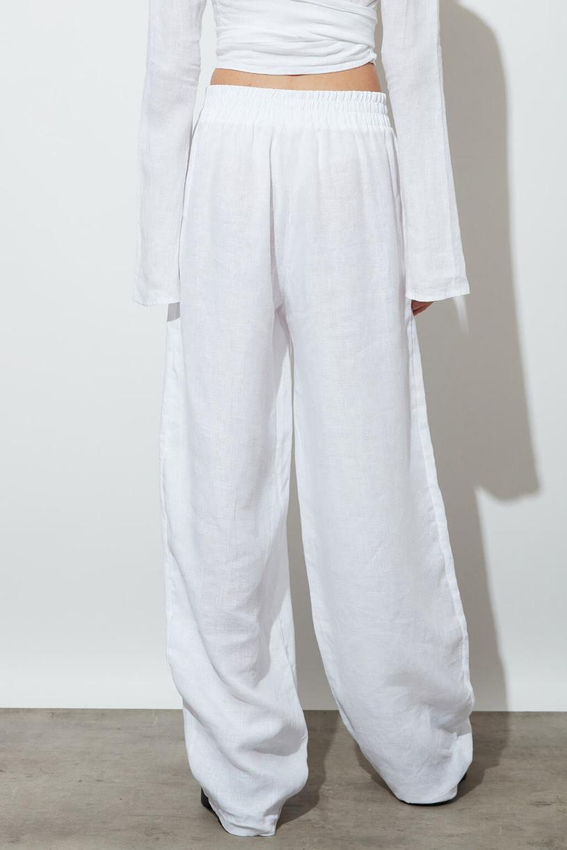 White Elastic %100 Linen Pants
