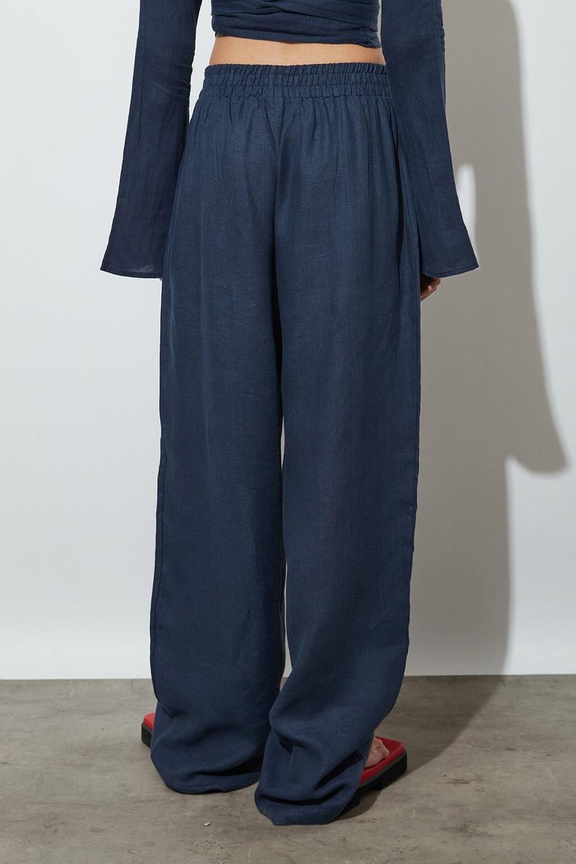 Navy Blue Elastic %100 Linen Pants