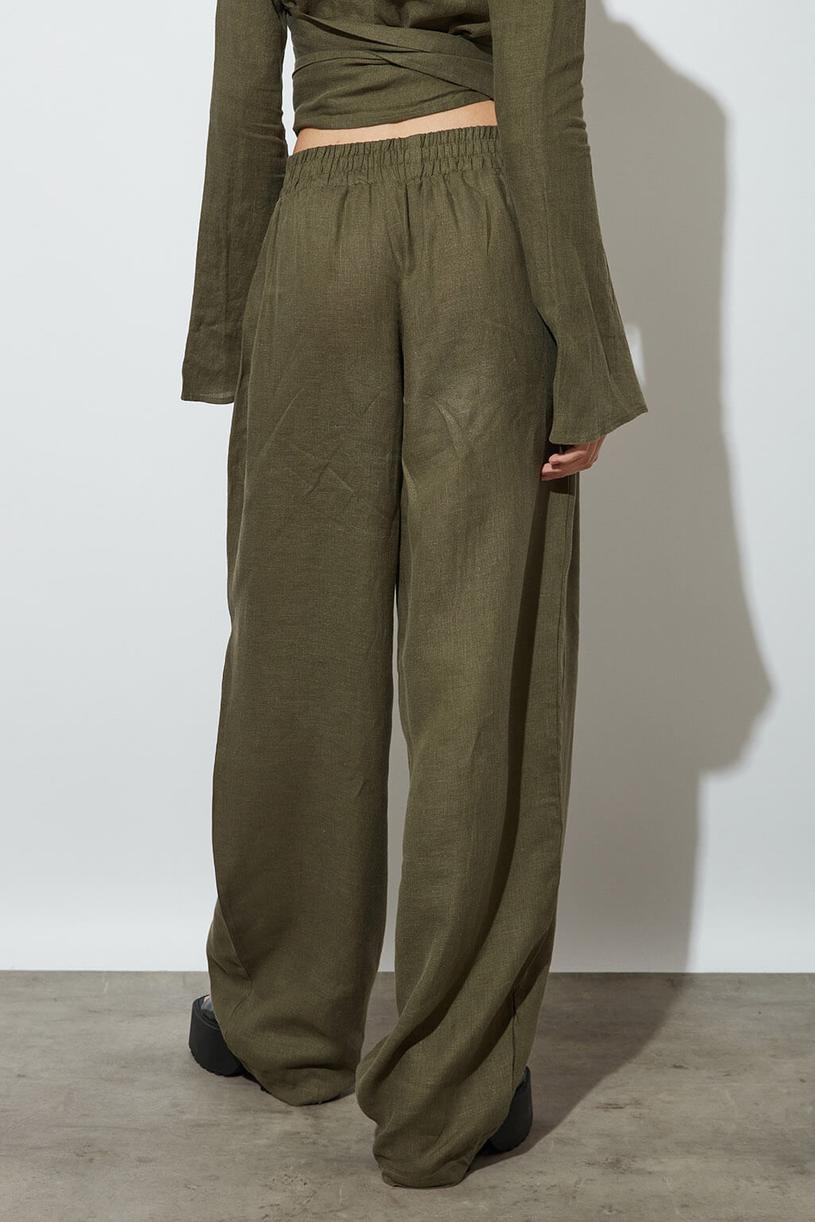 Khaki Elastic %100 Linen Pants