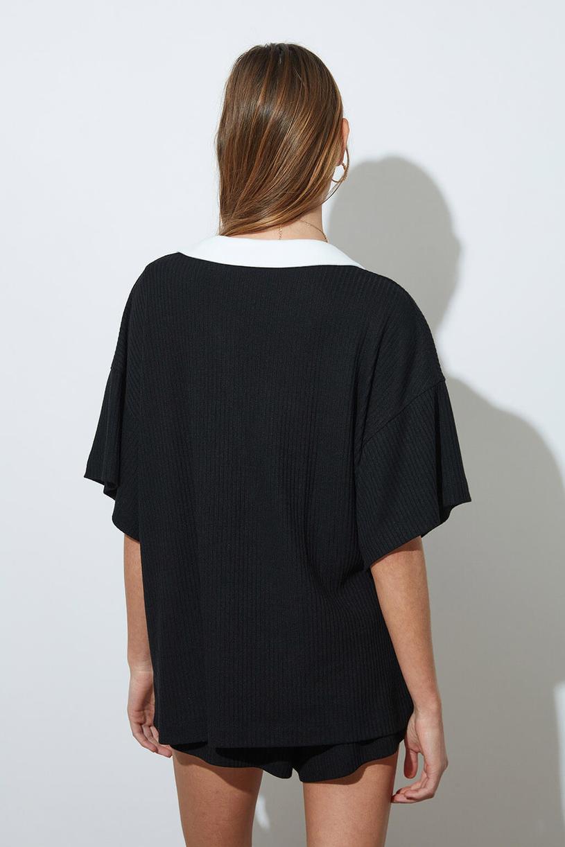 Black Contrast Polo Neck Oversize Tshirt